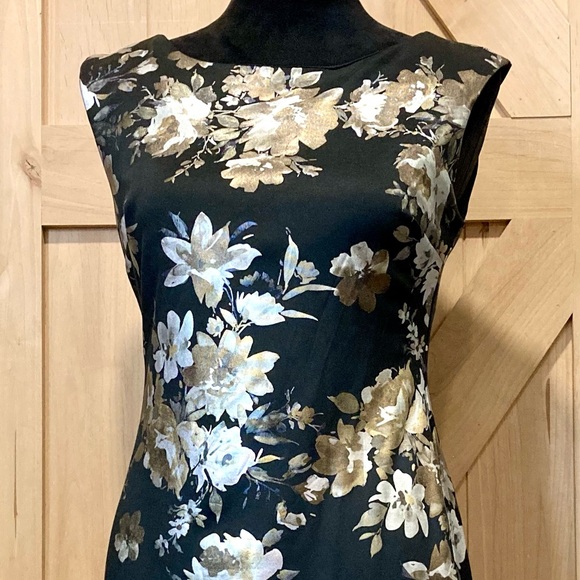 Black Silver and Gold Floral Print Sleeveless Sheath Dress Size Small Metallic - Picture 3 of 16